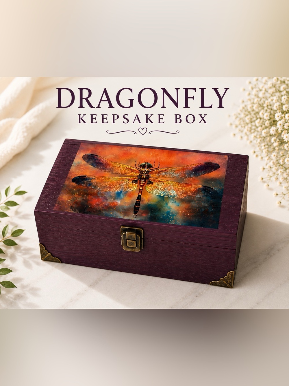Dragonfly Keepsake Jewelry Box - Purple Wood with Orange Artwork